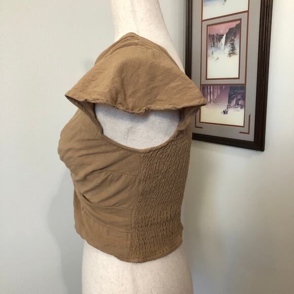 Japna Twist Front Linen Blend Crop Top Tag L Fits M Tan Brown Boho Cottagecore - Picture 4 of 9